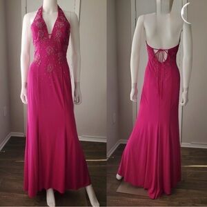 Niki Lavis Fuchsia Beaded Backless Halter Gown